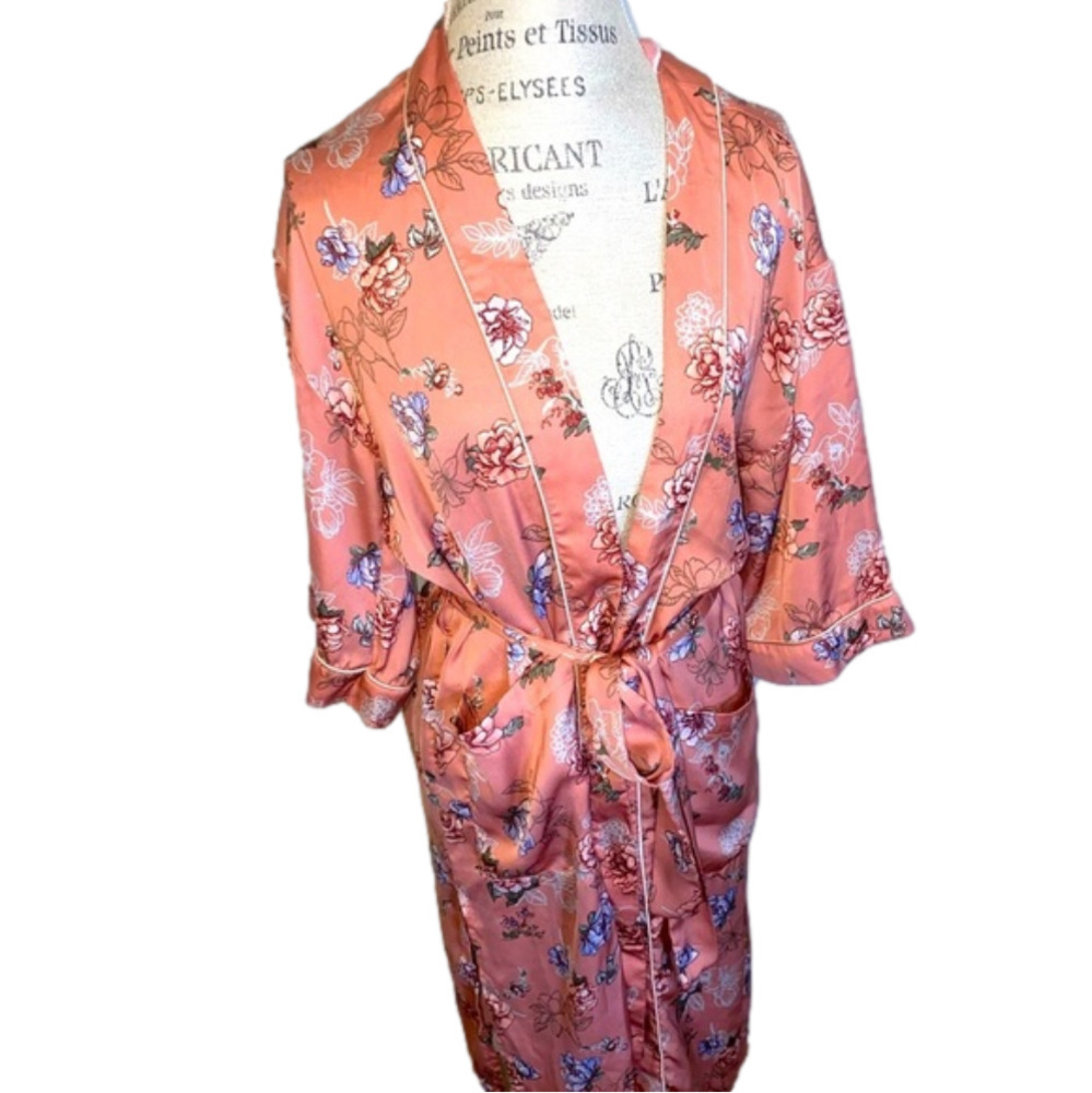 2/$30 Bleuh Ciel Pink Floral Asian Kimono Style Duster Cardigan w Tie Size Small